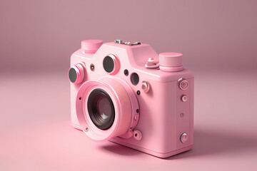 Wonderful Pink camera on a Light pink background, 3d rendering. Generative Ai