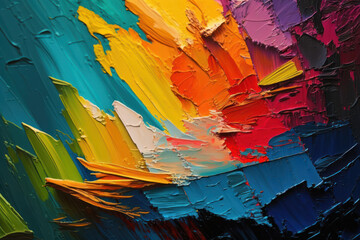 Fototapeta na wymiar Closeup of Highly-Textured Multicolored Abstract Oil Painting on Canvas with Rough Brushstrokes and High Quality Details - AI Generated