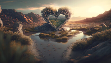 Beautiful ethereal fantasy landscape with tree growing in the shape of a heart. Generative Ai.