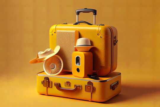 Suitcase with traveler accessories on yellow background. summer travel concept. 3d rendering. Generative Ai