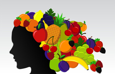 woman silhouette profile with fruits hair