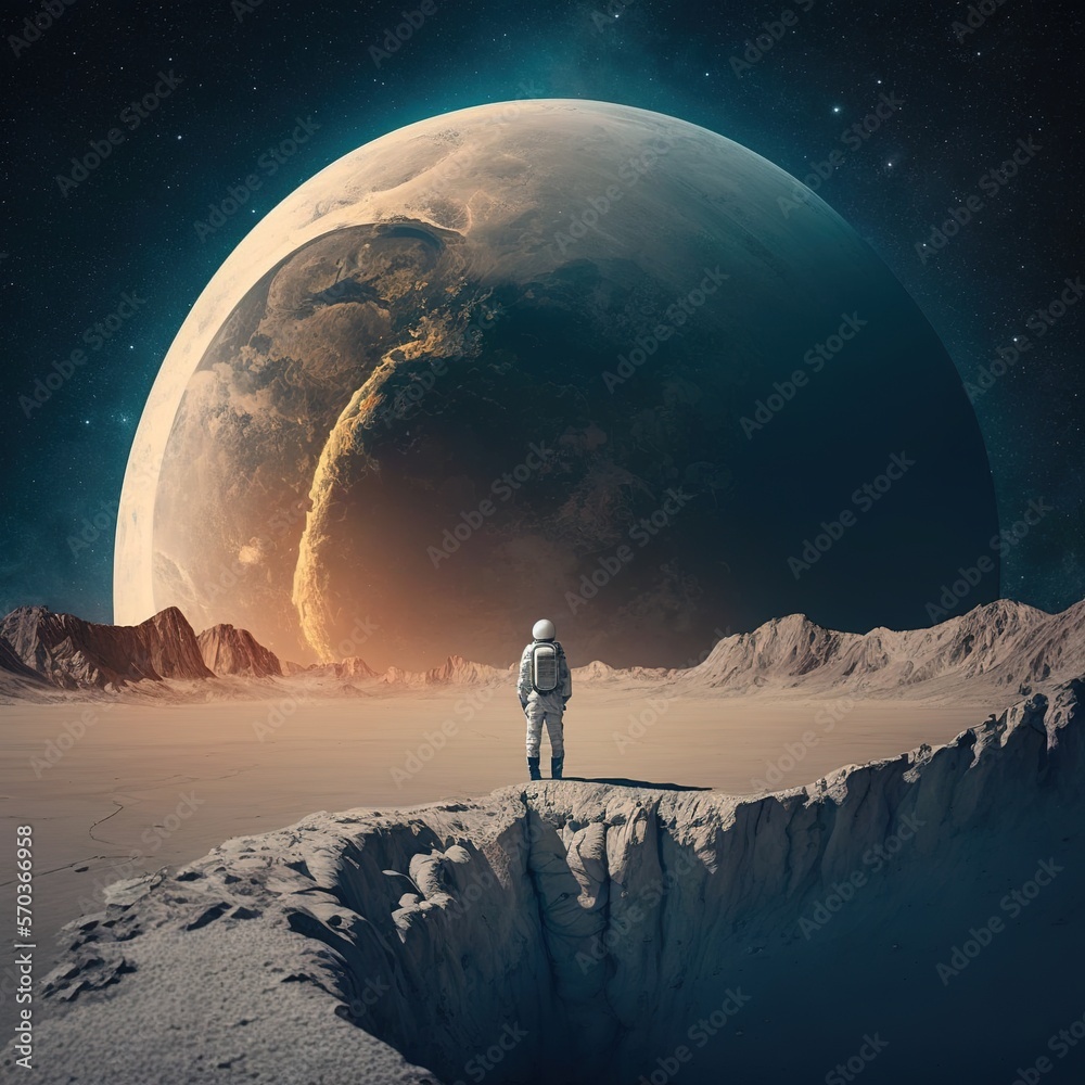 Sticker Astronaut standing on the moon looking at a large earth like planet, generative ai