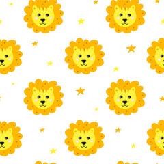 Seamless pattern with doodle lion faces.