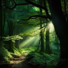 Beautiful sunlight rays in a green forest, generative ai