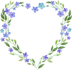 Fototapeta na wymiar Watercolor floral heart wreath with blue flowers.. Floral hand drawn illustration. Design greeting cards, wedding, invitation, wrapping. Vector EPS.