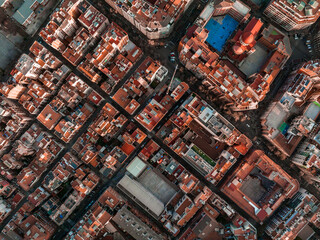 Barcelona street aerial view with beautiful patterns in Spain. Barcelona sunset skyline aerial view with buildings in Spain. Magical sunset over Barcelona.