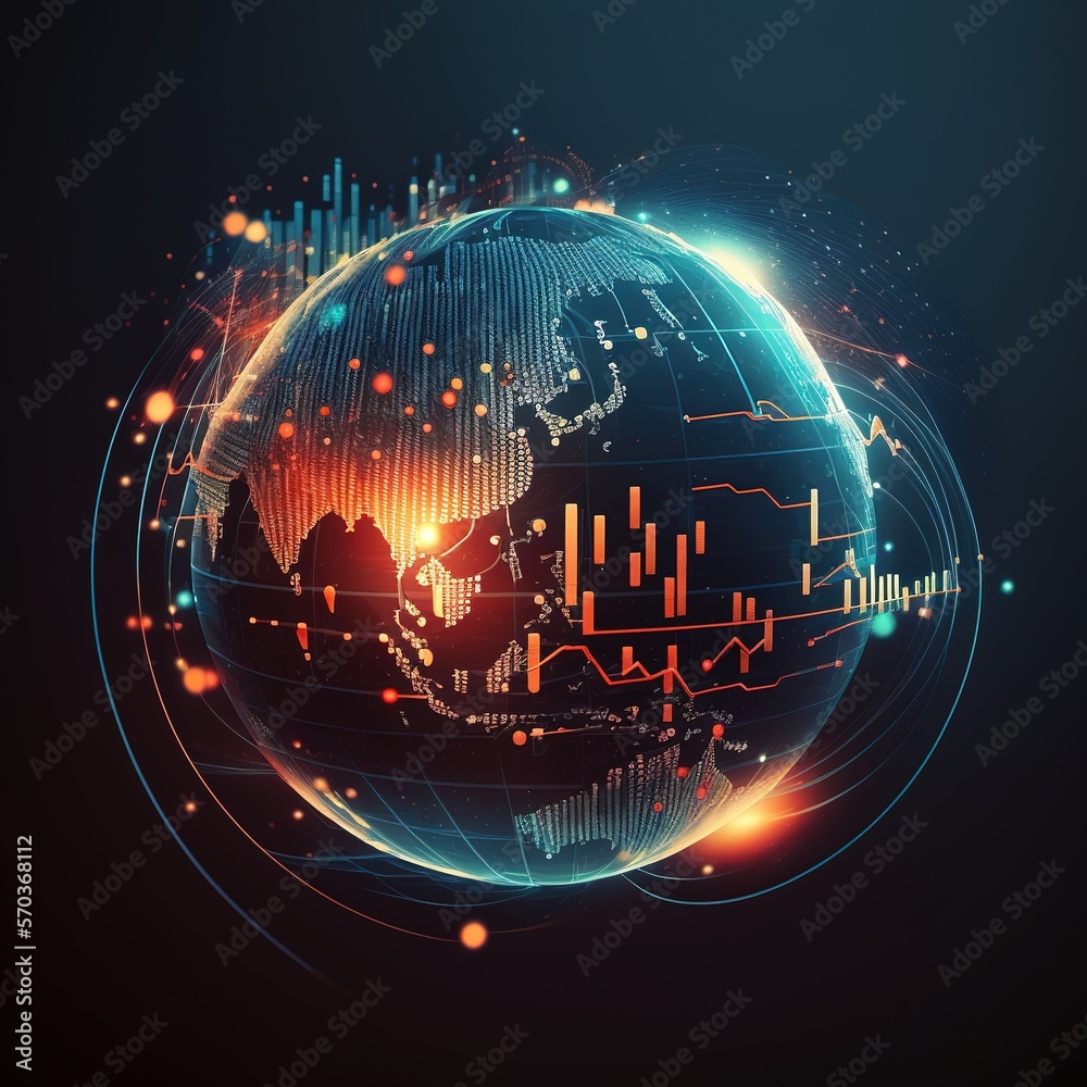 Wall mural economic development on the global business network, Financial and banking data analysis, stock analysis, technology, and data connection, generative ai