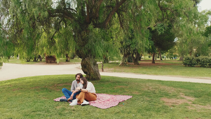 Happy smiling couple talking while sitting on blanket in park