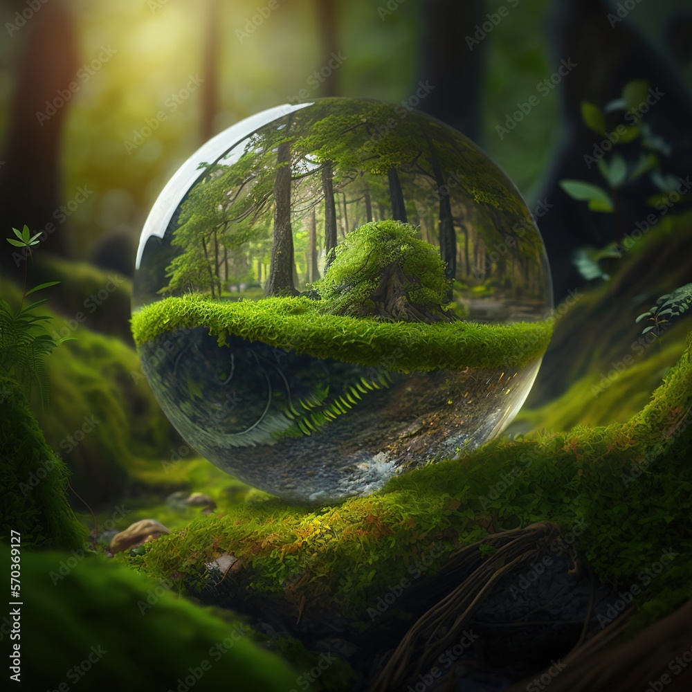 Poster Environmental Concept - Globe on Moss in Forest, generative ai