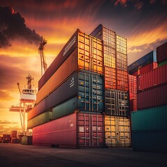 Fototapeta premium Container stacker crane lifting up stacking container box in yard, Container loading cargo freight in import and export business logistic company, Industry logistic, generative ai