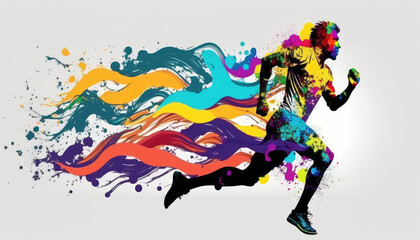 Generative AI shape of a man running Rainbow splash wave strong colors