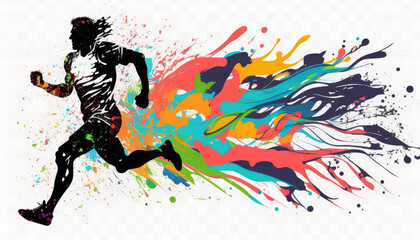 Obraz na płótnie Canvas Generative AI shape of a man running Rainbow splash wave strong colors