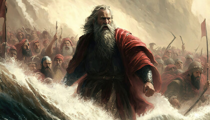 Exodus of the bible, Moses crossing the Red Sea with the Israelites, escape from the Egyptians, illustration, 