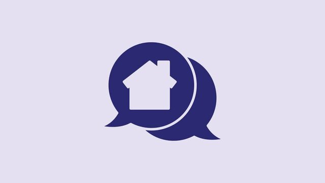 Blue Real estate message house in speech bubble icon isolated on purple background. 4K Video motion graphic animation