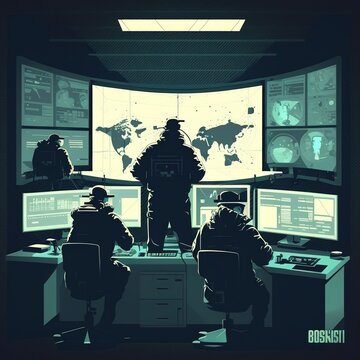 Security Operations Centre. Secret Intelligence Service Concept Art Featuring Screens And Monitors, People In Silhouettes Monitoring Activity Of Criminals, Generative Ai