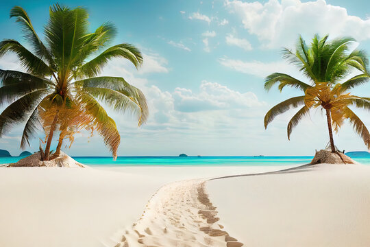 Tropical paradise beach with white sand and coco palms travel tourism wide panorama background. Luxury vacation and holiday banner, tropical beach resort concept. Generative Ai