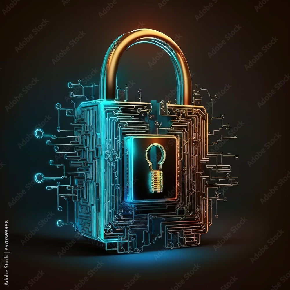 Poster padlock with keyhole for data security at the circuit's convergent point. privacy of cyber data and 