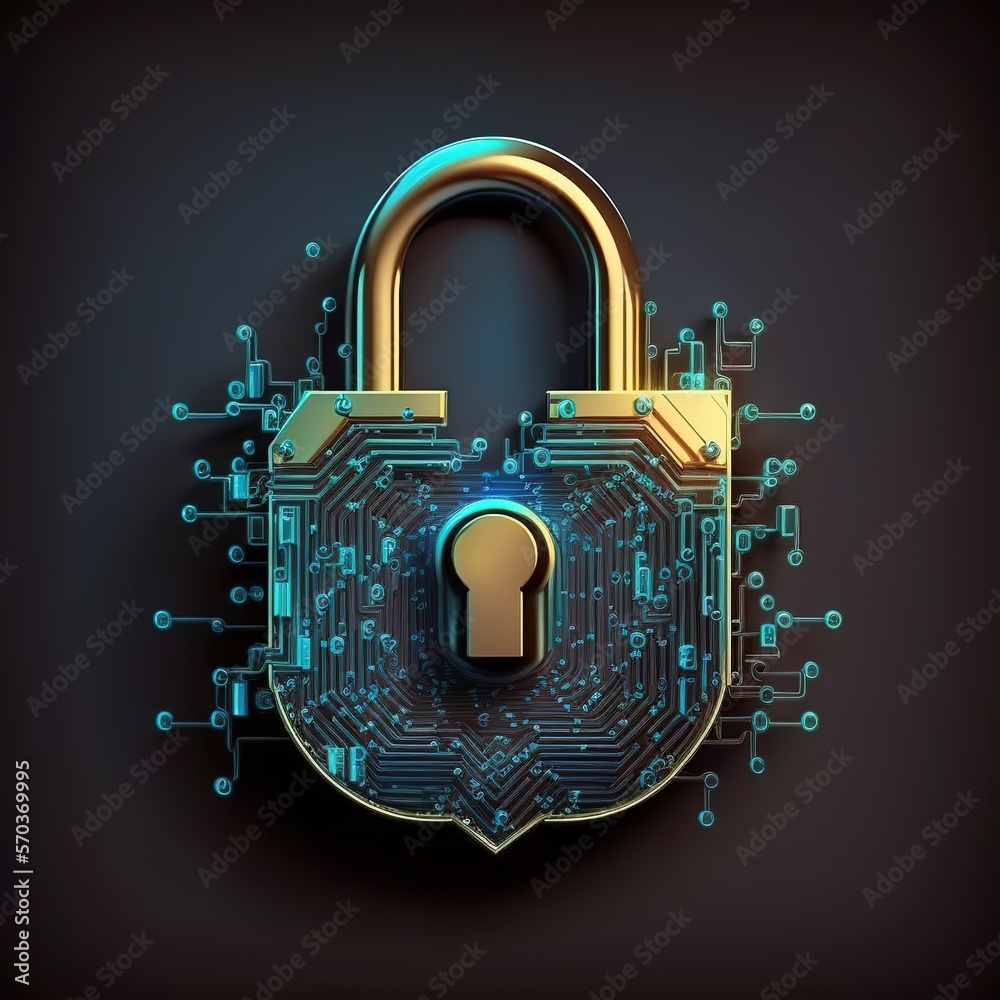 Poster padlock with keyhole for data security at the circuit's convergent point. privacy of cyber data and 