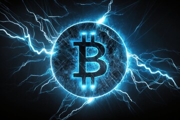 Bitcoin Logo Blue Lightning Thunder Bolt Concept Design - BTC symbol - Generative AI Illustration 