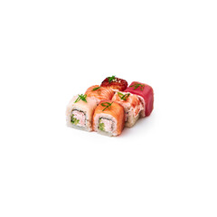 The set of 8 sushi rolls Rainbow Roll isolated on a white background