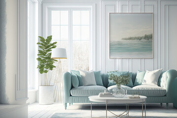 living room in the Hamptons. Illustration of a home interior in pastel tones. Generative AI