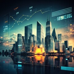 stock market is a business concept. Financial graphs and digital indicators on a modernistic cityscape with skyscrapers in the background, generative ai