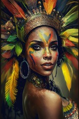Obraz na płótnie Canvas Passistas de carnaval, maquiados, fantasiados, vestidos pro carnaval brasileiro pro destile de rua. GENERATIVE AI
