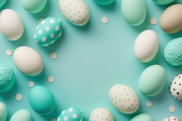 Easter holiday minimalistic background: eggs on the surface with copy space. Pastele colors. AI