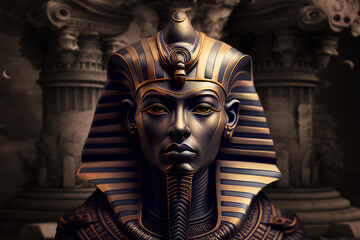 Illustration of face of young pharaoh in twilight. Generative AI	 - obrazy, fototapety, plakaty