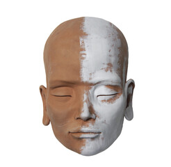Female face made of clay with white paint. Handmade head sculpture: contemporary art, fine arts.