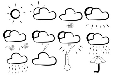 weather icon, sunny weather, overcast, rainy weather, drizzling weather. Weather icon with white background. Vector illustration.