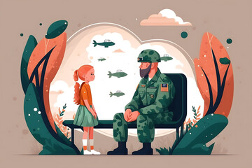 Flat vector illustration A Tender Military Meeting Between Father and Daughter  