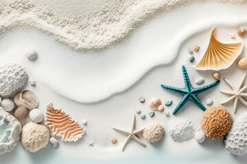 Summer concept. Beach, sea-themed banner with beautiful shells, corals, and starfish. Generative AI. 