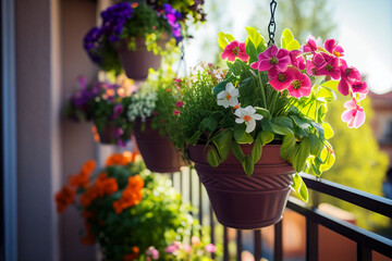 Plants and flowers in pots hanging from a condominium balcony in the style of a realistic photo and made with Generative AI