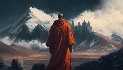tibetan monk on the background of mountains, created by a neural network, Generative AI technology