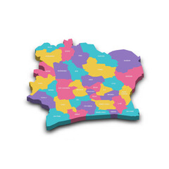 Ivory Coast political map of administrative divisions - regions and autonomous districts. Colorful 3D vector map with dropped shadow and country name labels.