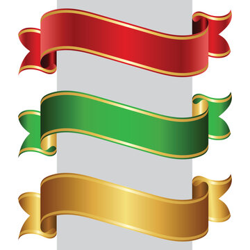 Elegant Red, Green and Golden Ribbon Banner Vector Illustration.