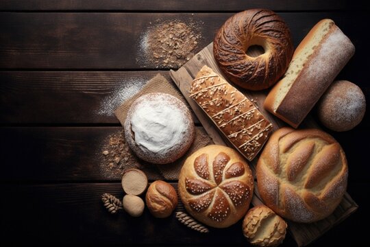 Assorted bakery products including loafs of bread and rolls on a wooden background. Generative AI.
