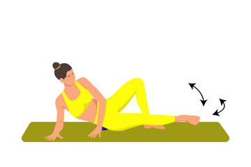 Vector illustration. A woman performs exercises on a mat with a needle ball for myofascial relaxation. The ball is used to relax trigger points.