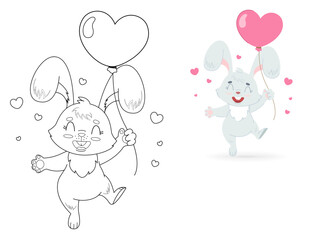 Cute, children's coloring rabbit with a balloon in the form of a heart. Beautiful vector illustration in cartoon style.