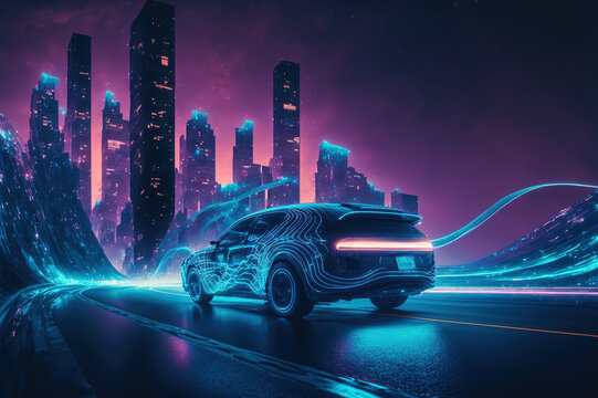 Racing sports car driving on urban city road with luxury digital technology . Sublime Generative AI image .