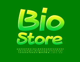 Vector business badge Bio Store. Green gradient Alphabet Letters, Numbers an Symbols set. Artistic glossy Font