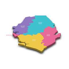 Sierra Leone political map of administrative divisions - provinces and one area. Colorful 3D vector map with dropped shadow and country name labels.