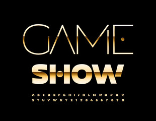 Vector artistic Emlem Game Show. Stylish Golden Font. Luxury Glossy Alphabet Letters, Numbers and Symbols.