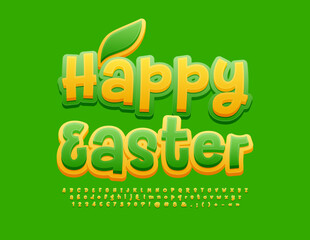 Vector greeting card Happy Easter with decorative Leaf. Green and Yellow artistic Font. Calligraphic Alphabet Letters, Numbers and Symbols set