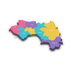 Guinea political map of administrative divisions - regions. Colorful 3D vector map with dropped shadow and country name labels.