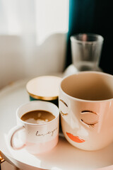 interior design pink and royal green lights and shadows cup of coffee