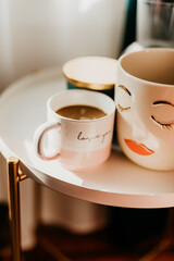 interior design pink and royal green lights and shadows cup of coffee