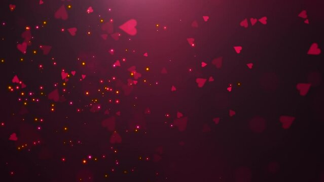 Flying small red Valentine hearts with colorful confetti on romantic sky, motion holidays, romantic and love style background
