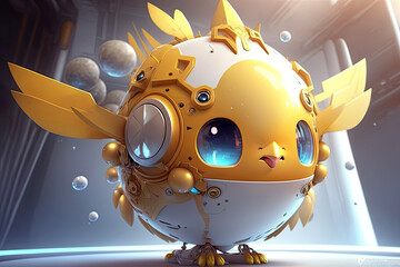 Little chick in a golden armor with golden eggs, easter, Generative AI 